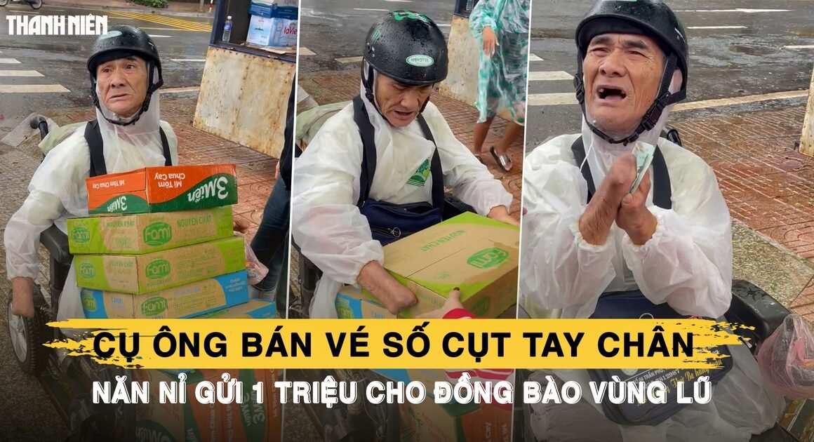 BÊN DƯỚI LÀN NƯỚC LŨ, CỤ ÔNG BÁN VÉ SỐ KHÔNG CÒN TAY CHÂN VẪN CHUYẾN ĐI GỬI YÊU THƯƠNG, GÂY TRÁI TIM NGƯỜI XEM RƠN RỎI.