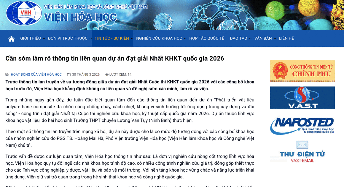 VIỆN HÓA HỌC KHẲNG ĐỊNH KHÔNG LIÊN QUAN ĐẾN DỰ ÁN GIẢI NHẤT KHOA HỌC NGHIÊN CỨU CỦA NHÓM HỌC SINH NINH BÌNH, YÊU CẦU CƠ QUAN CHỨC NĂNG XÁC MINH SỰ THẬT.